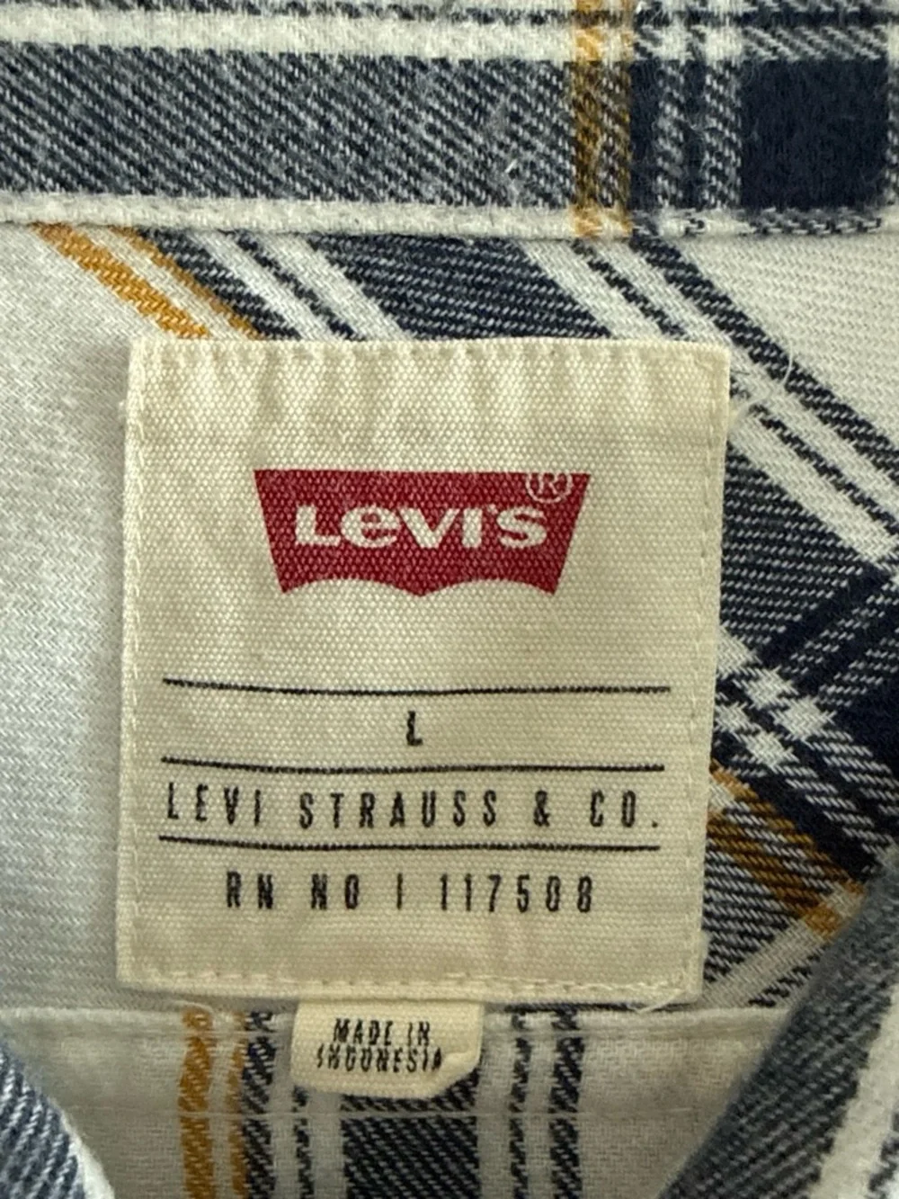 Levi's White Plaid Button-Down Shirt with Navy and Tan Stripes